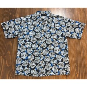 ODO Vintage Hawaiian Shirt Mens Large Blue Black Floral Button Up Short Sleeve